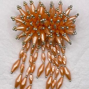 Vtg 80s Hair Clip Beaded Faux Pearl Dangle Peach Gold Bow Barrette Wedding